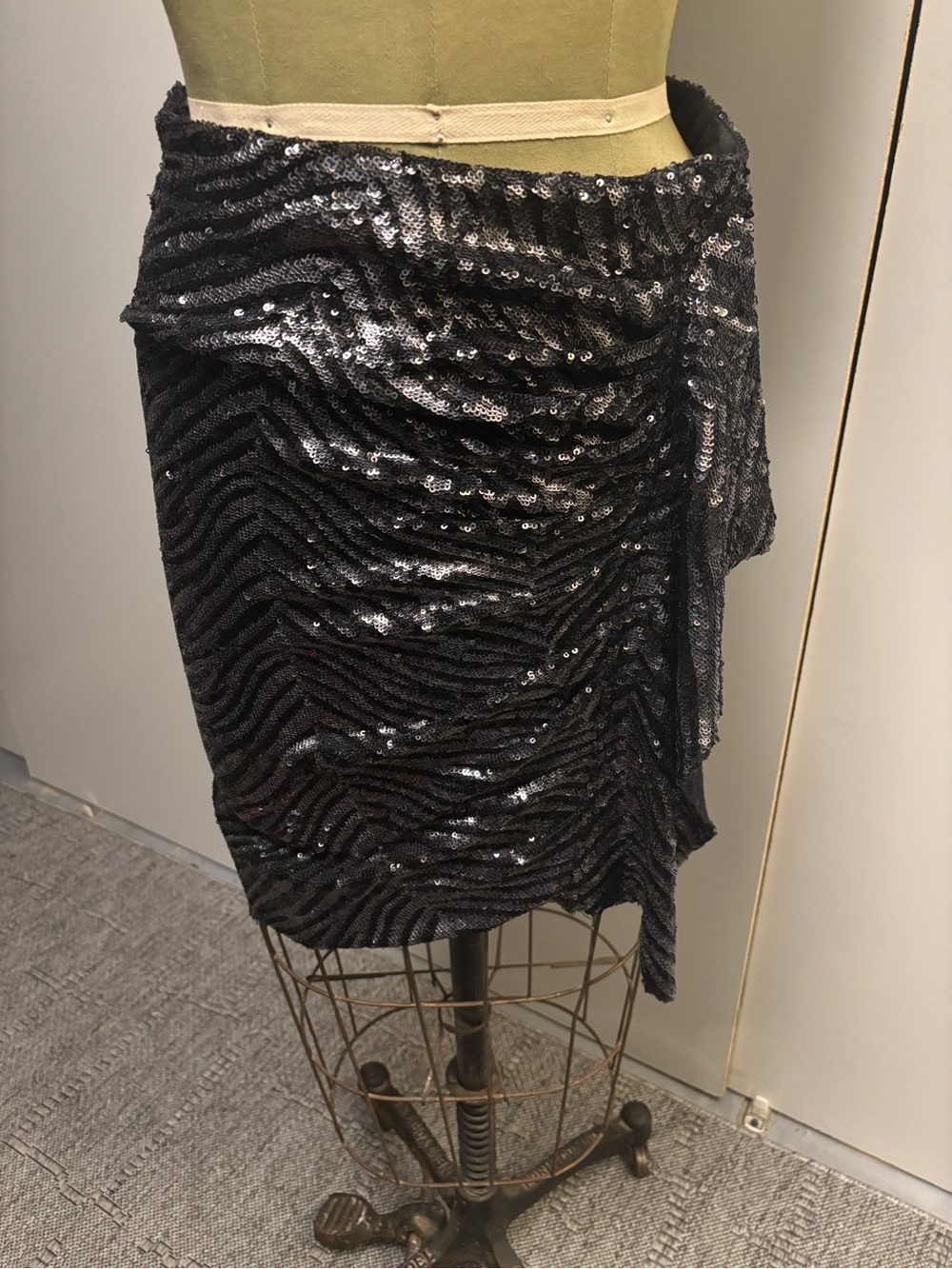 Black Sequin Draped Mini Skirt